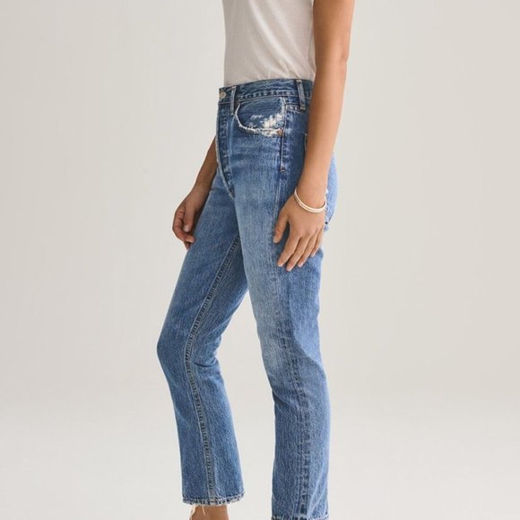 Agolde Riley medium blue cropped high-rise straight-leg crop organic jeans 23 - Picture 2 of 9